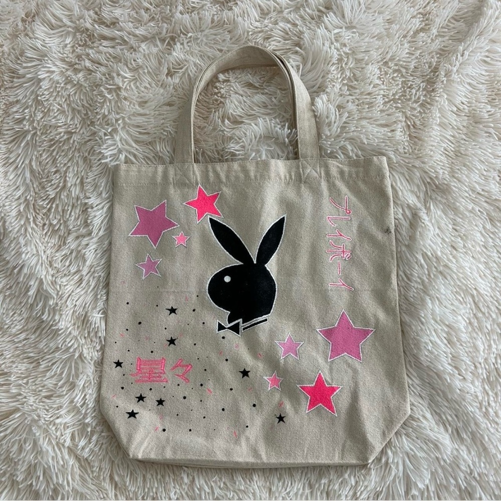 Canvas Tote Bag with Black Bunny and Pink Stars